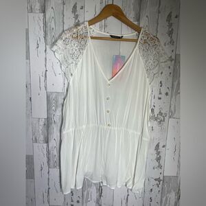 Bloom Chic Blouse Tunic Womens Lace Cap Sleeve Short Sleeve Mini White Sz 22 NWT